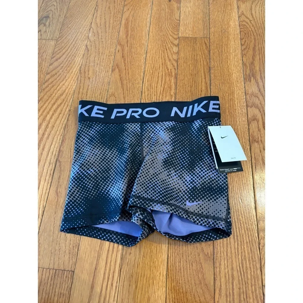 Nike Pro Dri FIT Womens Training Shorts Black Purple Dot Print Size Small new